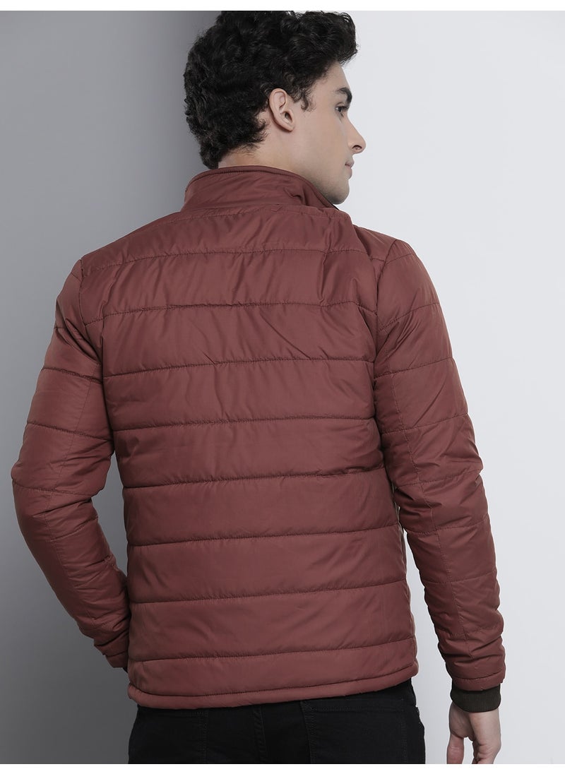 Men Wine Red Slim Fit Puffer Jacket