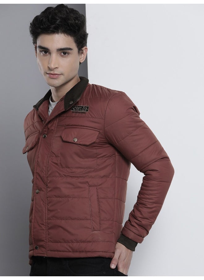 Men Wine Red Slim Fit Puffer Jacket