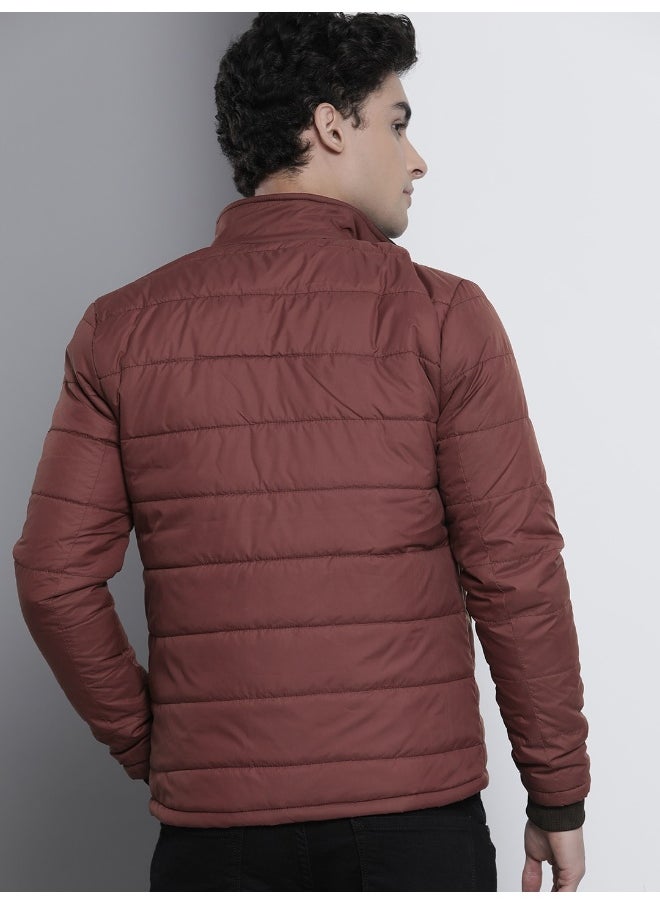 Men Wine Red Slim Fit Puffer Jacket