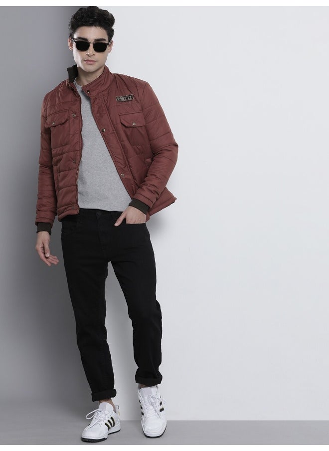 Men Wine Red Slim Fit Puffer Jacket