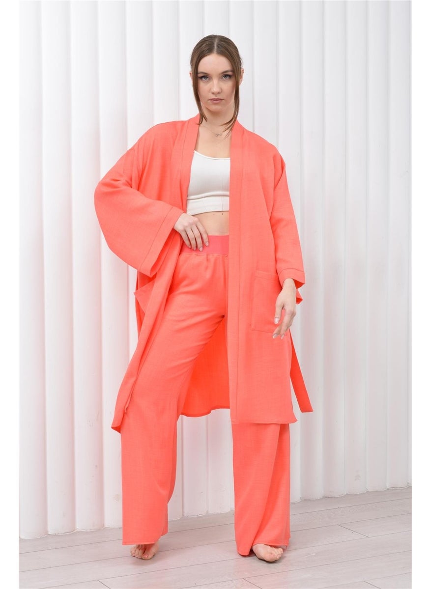 Women's Linen Pocket Belted Long Kimono-Pants Two Piece Set Salmon