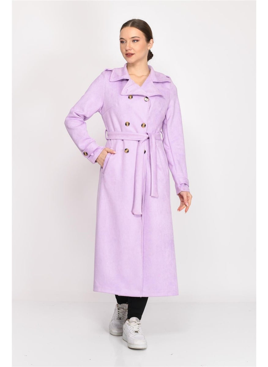 Double Breasted Faux Suede Trench Coat Lilac