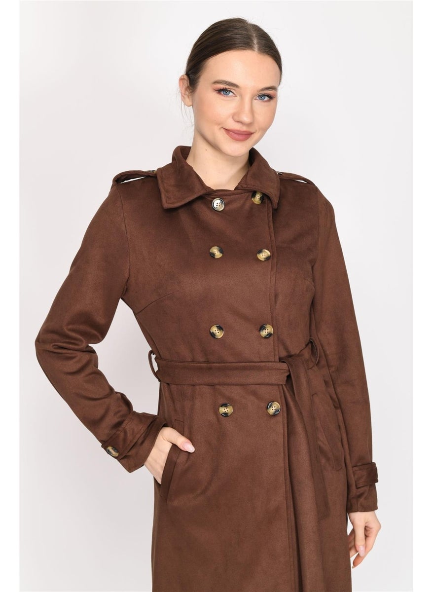 Double Breasted Faux Suede Trench Coat Brown