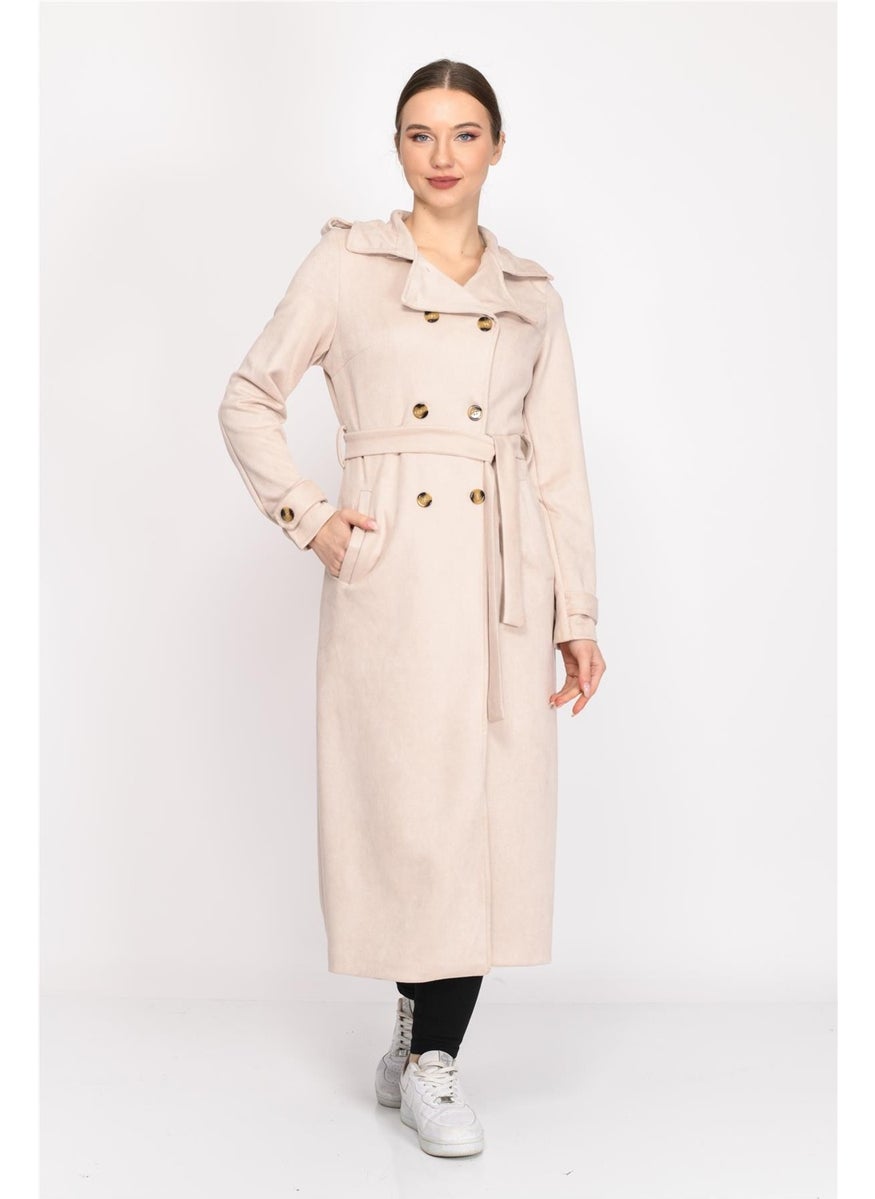 Double Breasted Faux Suede Trench Coat Beige