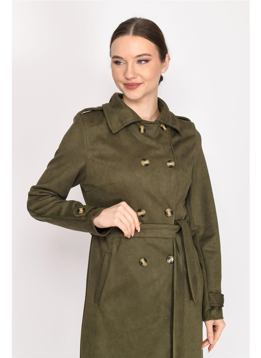 Double Breasted Faux Suede Trench Coat Khaki