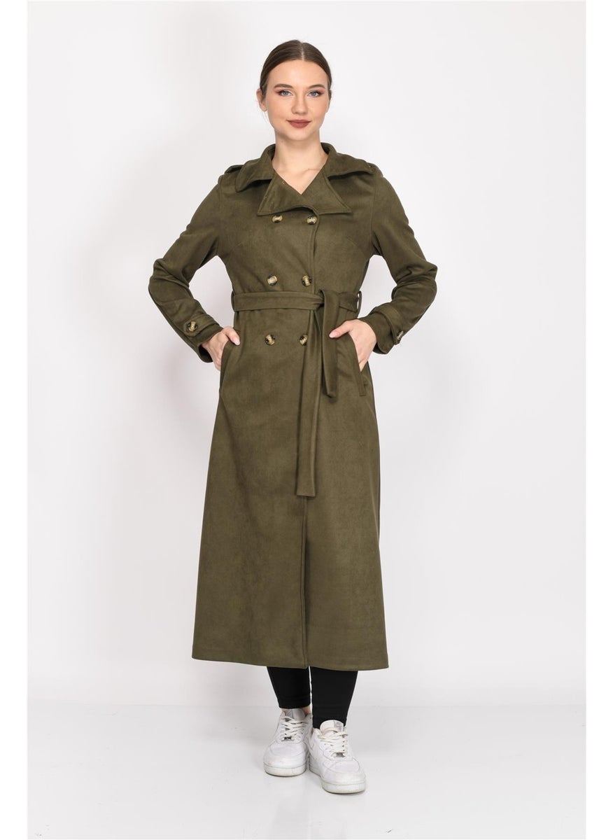 Double Breasted Faux Suede Trench Coat Khaki