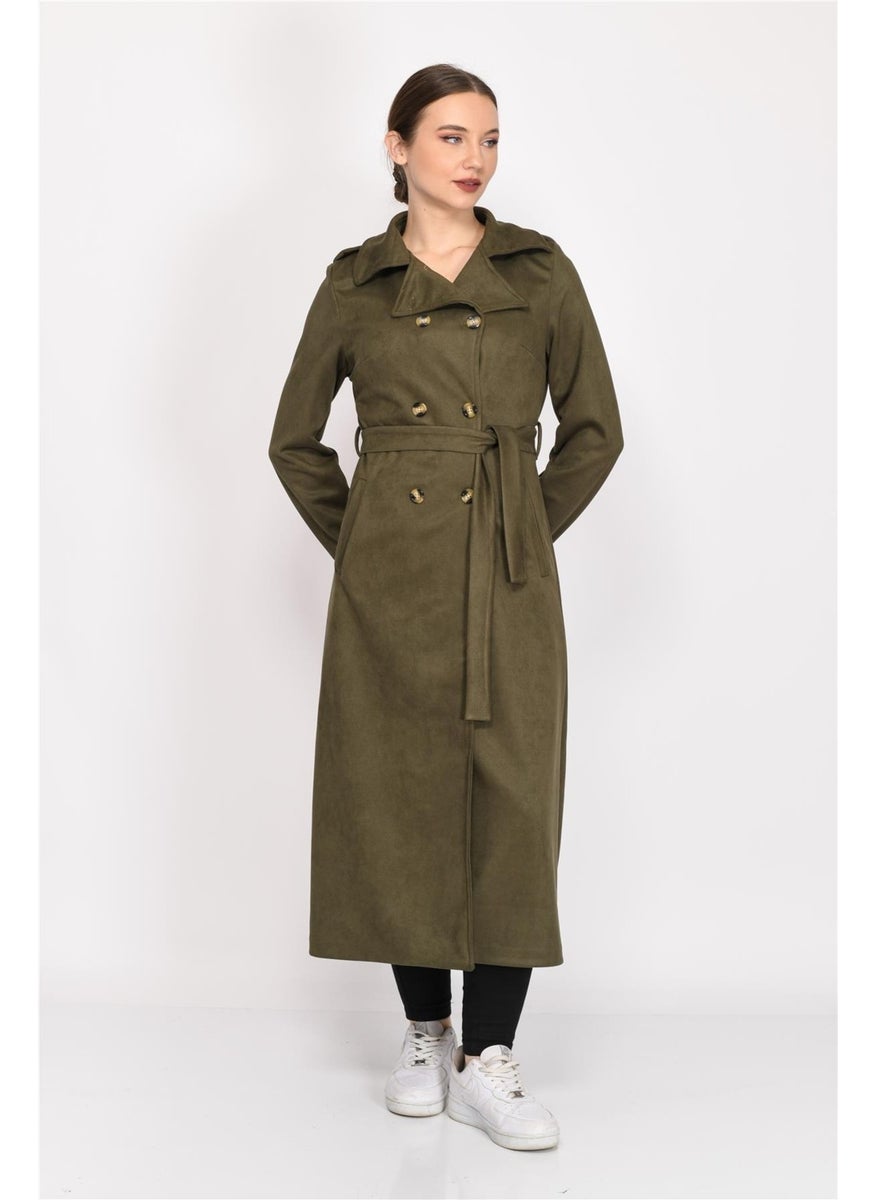 Double Breasted Faux Suede Trench Coat Khaki