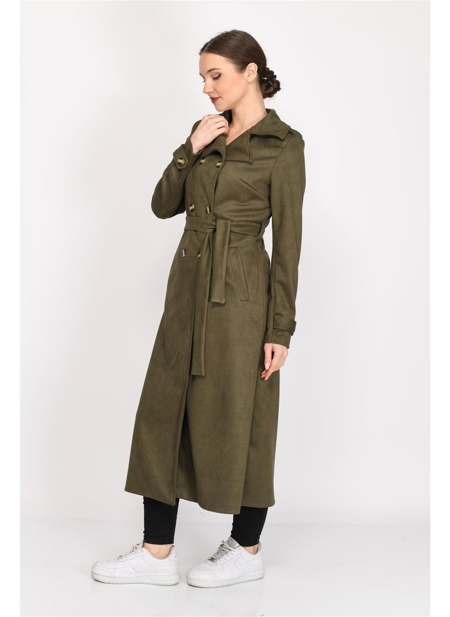 Double Breasted Faux Suede Trench Coat Khaki