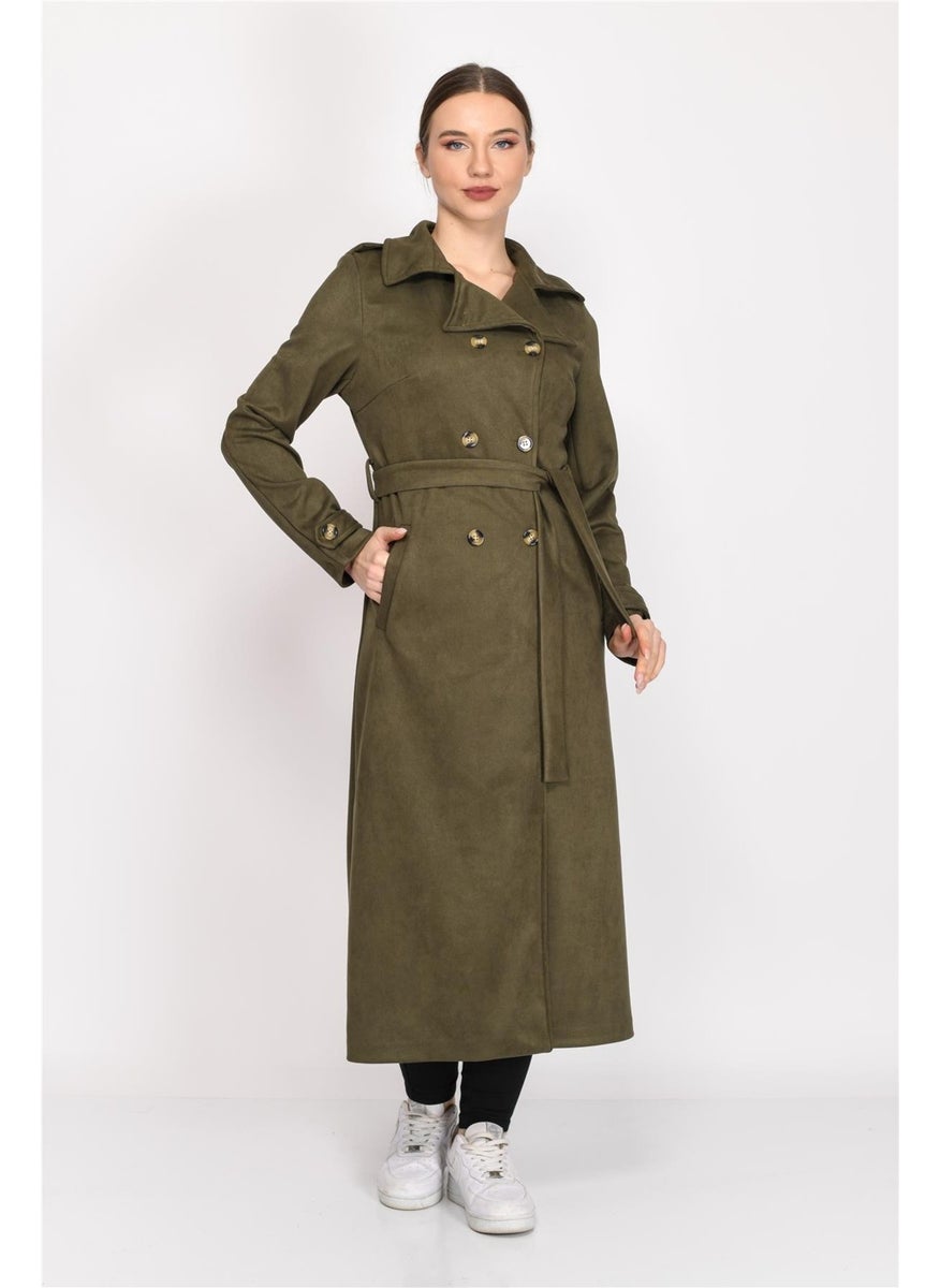 Double Breasted Faux Suede Trench Coat Khaki