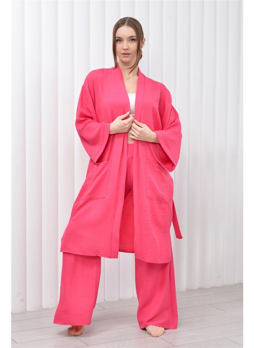 Women's Linen Pocket Belted Long Kimono-Pants Two Piece Set Pink