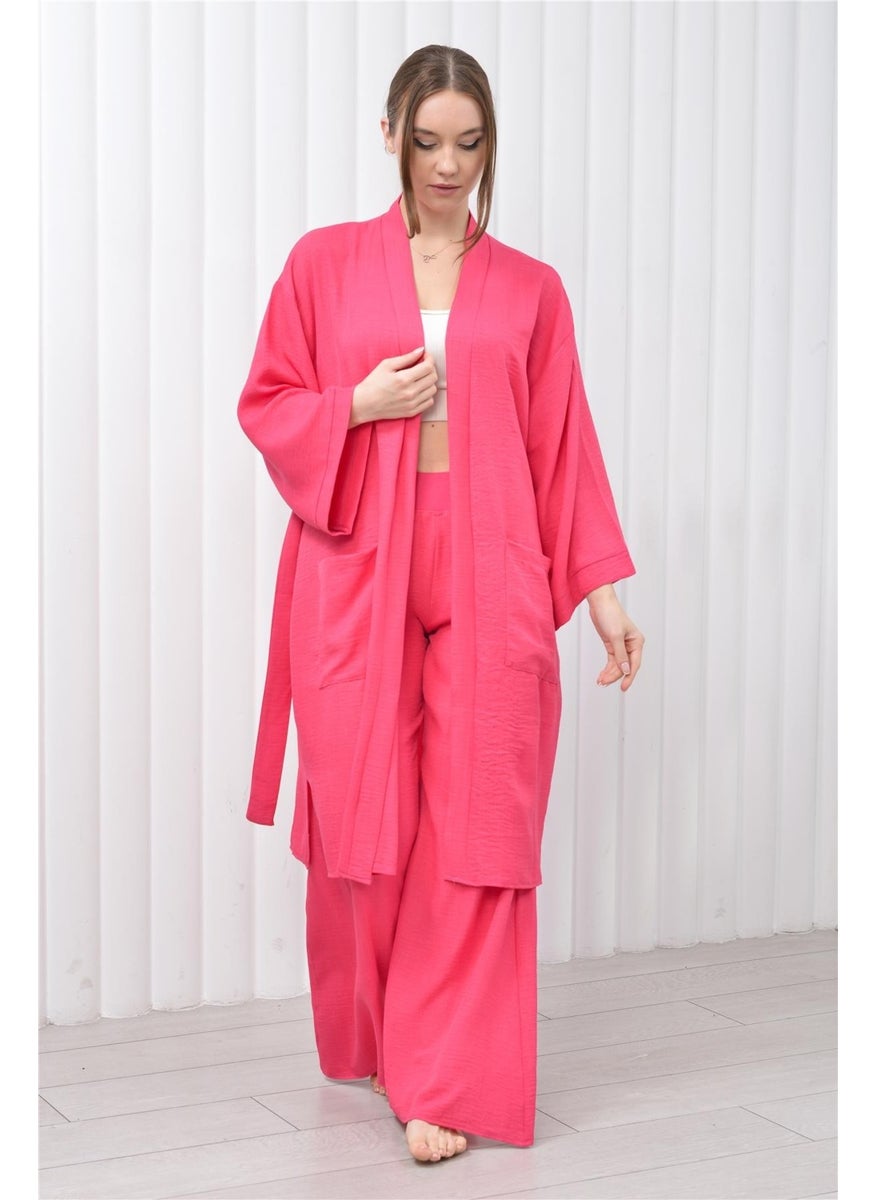 Women's Linen Pocket Belted Long Kimono-Pants Two Piece Set Pink