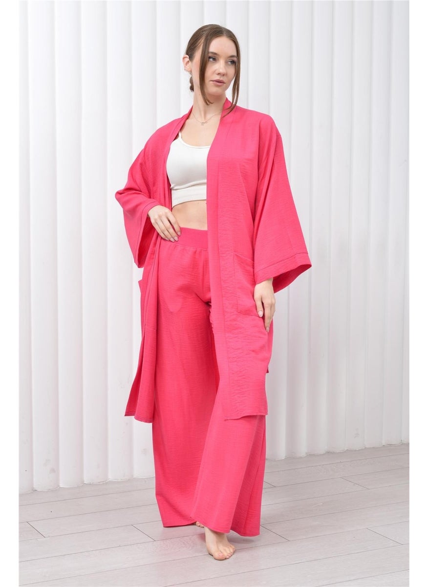 Women's Linen Pocket Belted Long Kimono-Pants Two Piece Set Pink