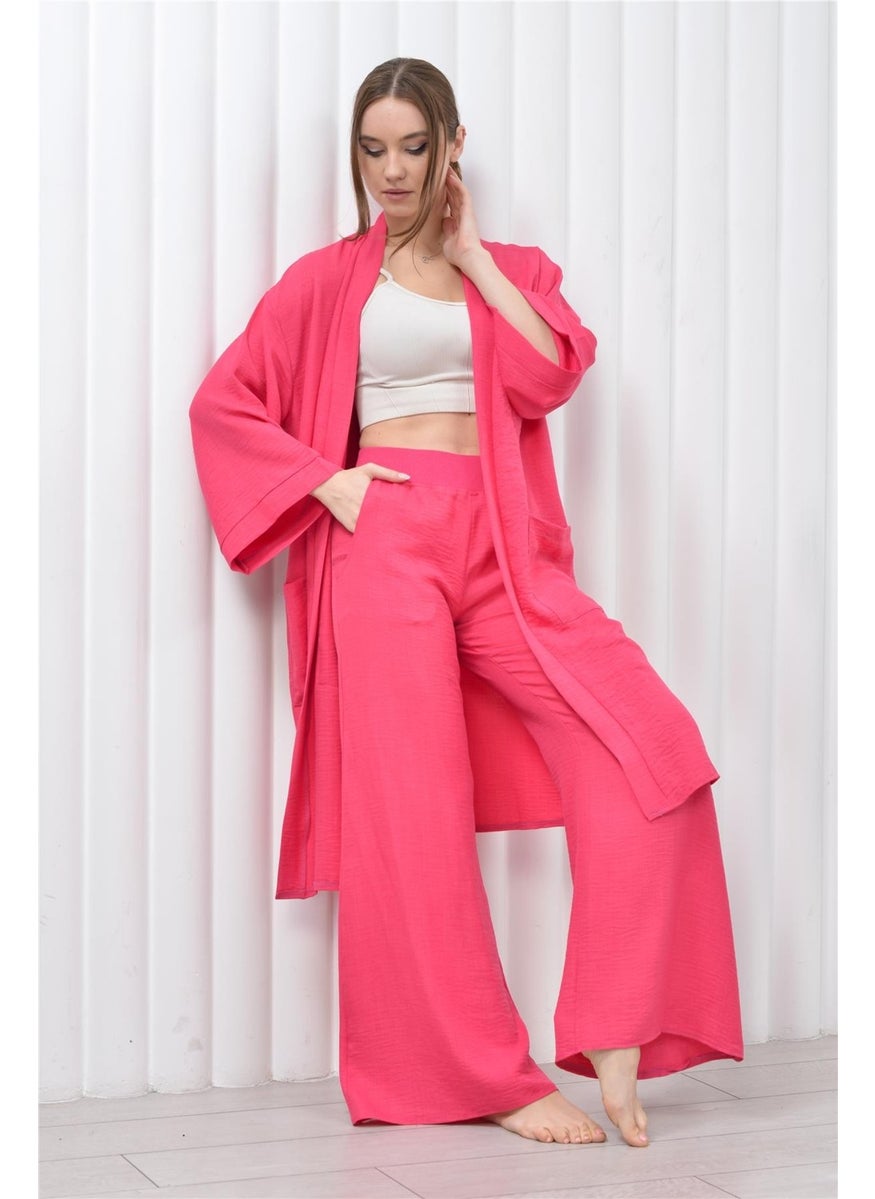 Women's Linen Pocket Belted Long Kimono-Pants Two Piece Set Pink