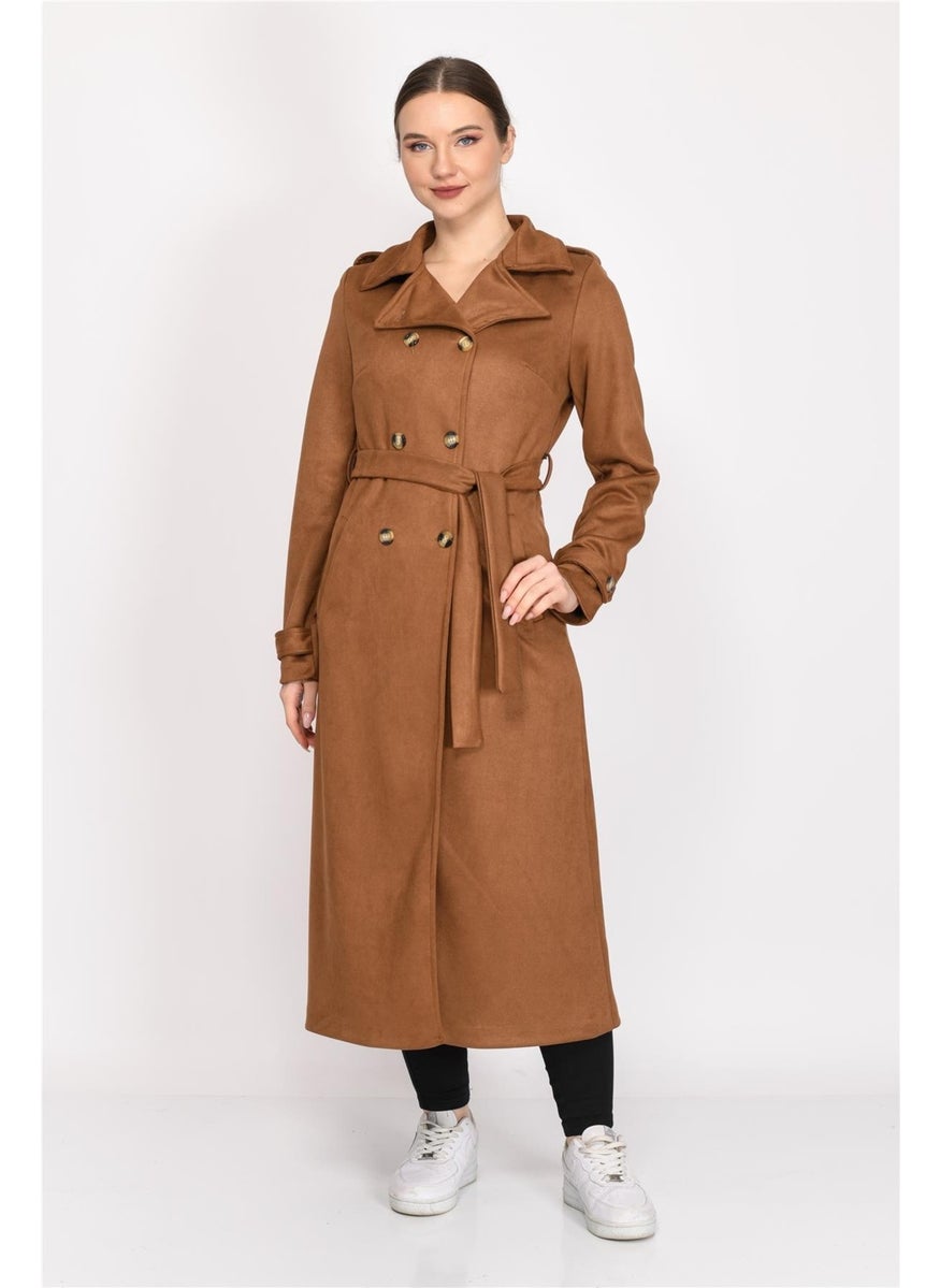 Double Breasted Faux Suede Trench Coat Dark Tan