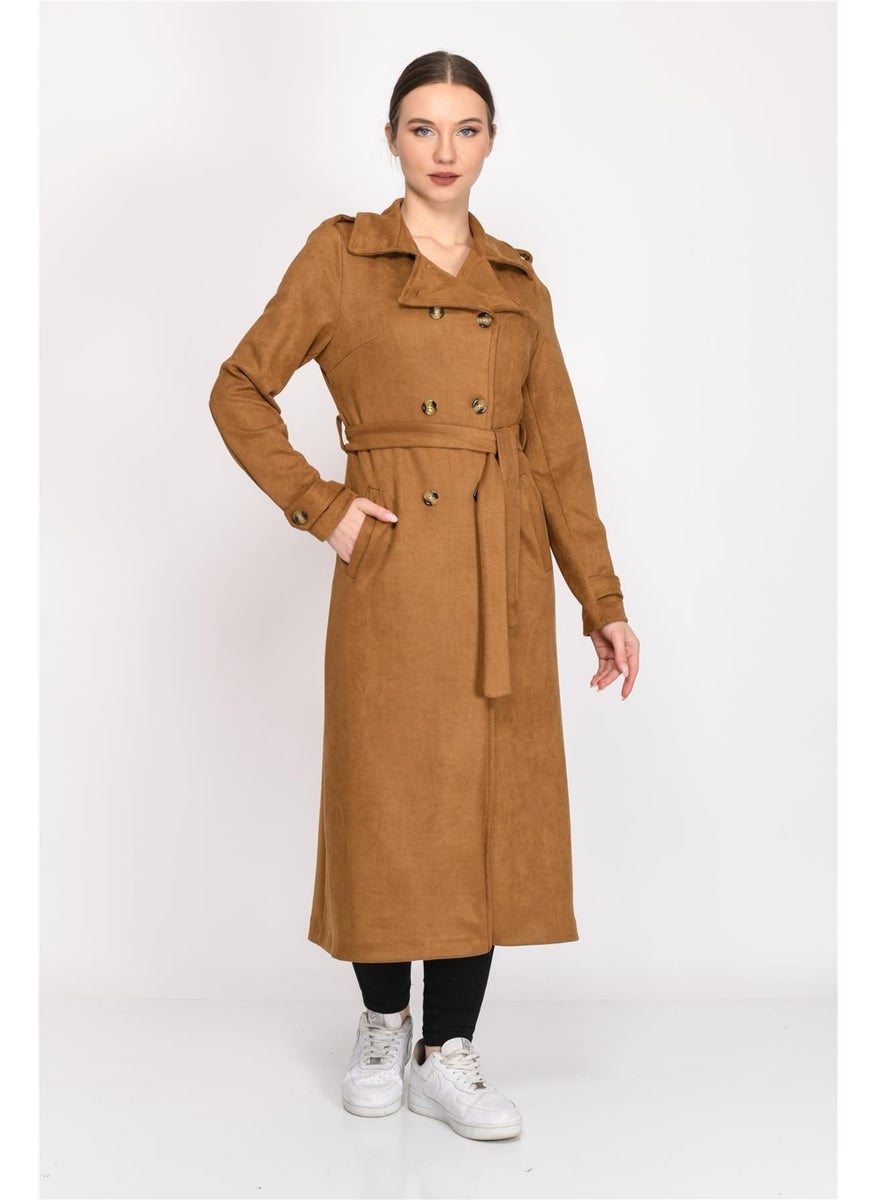 Double Breasted Faux Suede Trench Coat Light Tan