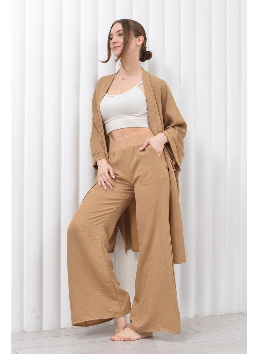 Women's Linen Pocket Belted Long Kimono-Pants Two Piece Set Light Brown