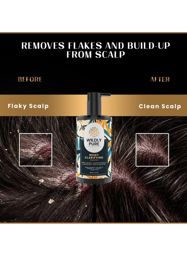 Clarifying Shampoo for Hard Water Metal Damage Oily Scalp Low Porosity Hair Deep Cleansing Removes Build Up Flakes Rosemary Hibiscus Castor Oil Sulphate Paraben Silicone Free Men Women 300ml Reset