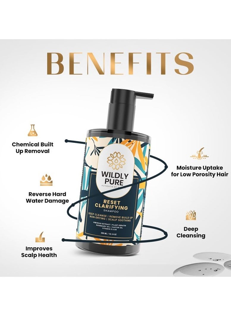 Clarifying Shampoo for Hard Water Metal Damage Oily Scalp Low Porosity Hair Deep Cleansing Removes Build Up Flakes Rosemary Hibiscus Castor Oil Sulphate Paraben Silicone Free Men Women 300ml Reset