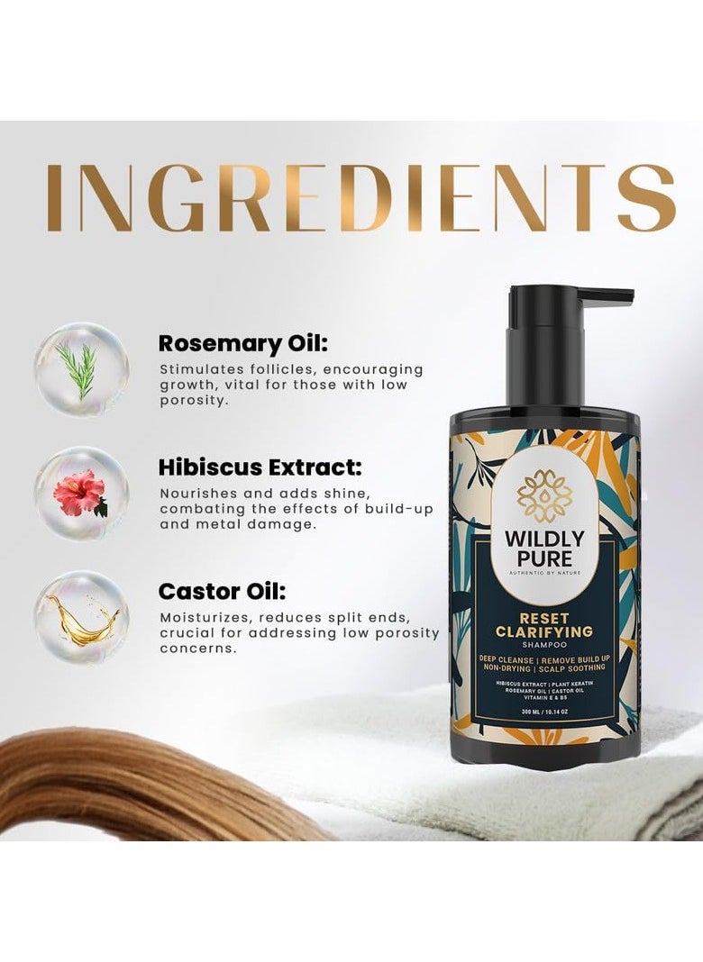 Clarifying Shampoo for Hard Water Metal Damage Oily Scalp Low Porosity Hair Deep Cleansing Removes Build Up Flakes Rosemary Hibiscus Castor Oil Sulphate Paraben Silicone Free Men Women 300ml Reset