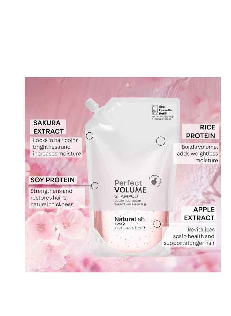 NATURELAB. TOKYO Perfect Volume Shampoo Refill – Boosts Volume, Eco-Friendly Pouch, Thickening Rice & Soy Proteins, Sakura & Apple Extracts for Moisture, 22.9 oz