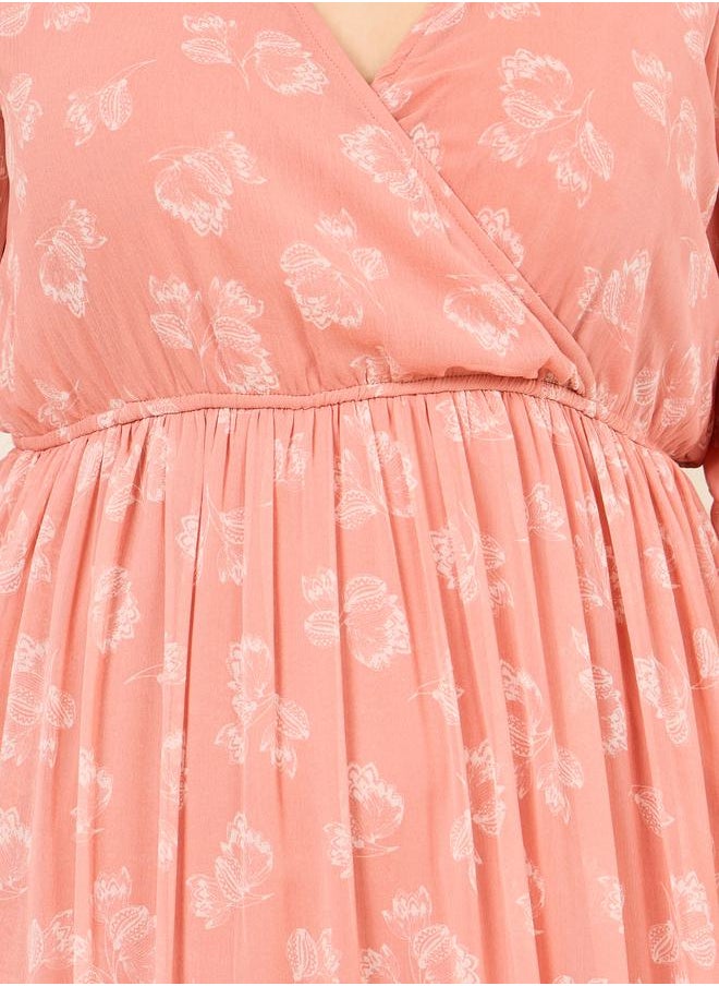Plus Floral Print Gathered Detail A-Line Maxi Dress