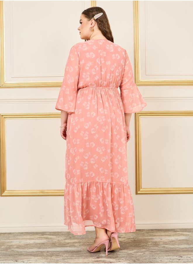 Plus Floral Print Gathered Detail A-Line Maxi Dress