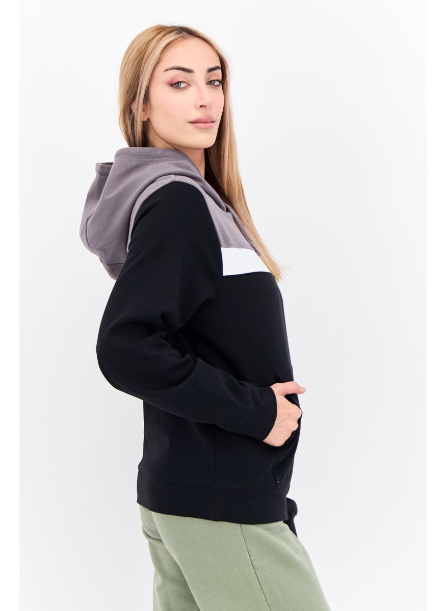 Women Hood With Drawstring Long Sleeve Embroidered Logo Sweatshirts, Black