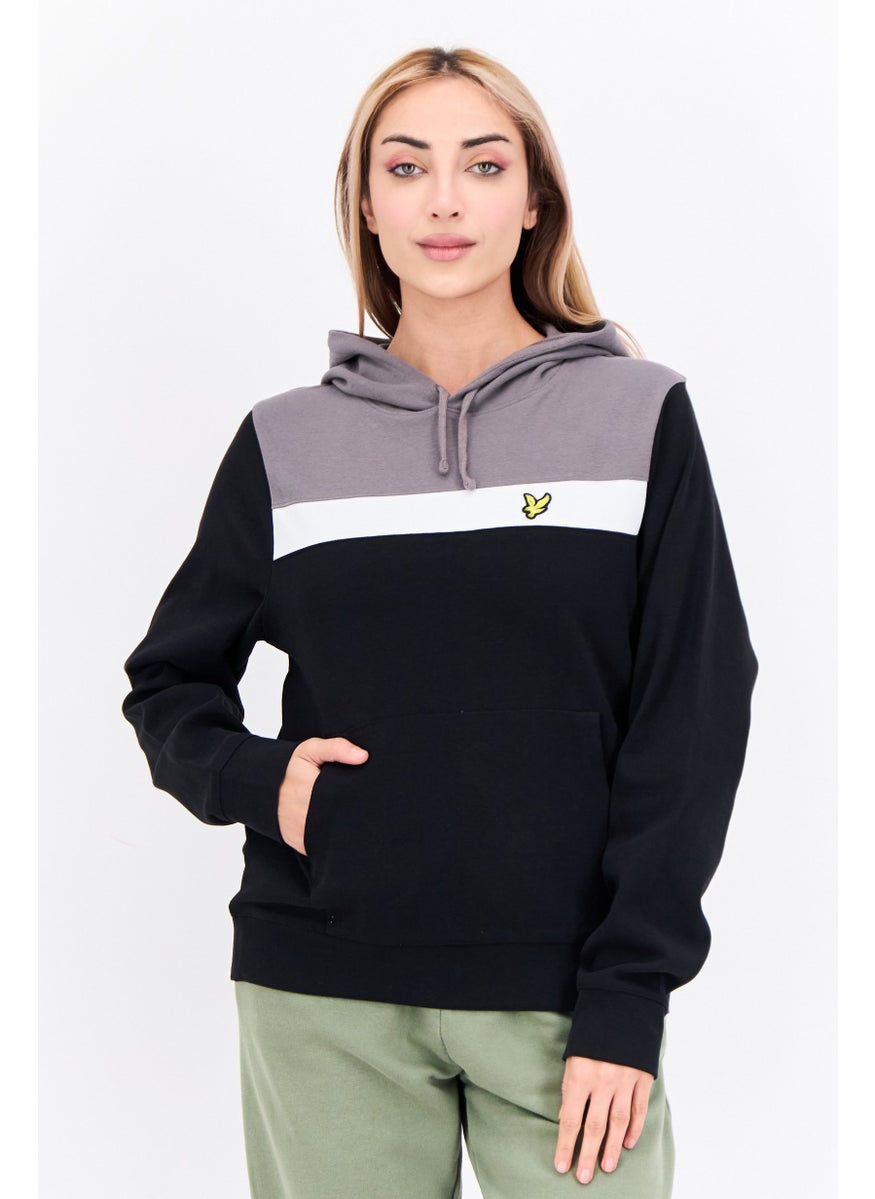 Women Hood With Drawstring Long Sleeve Embroidered Logo Sweatshirts, Black