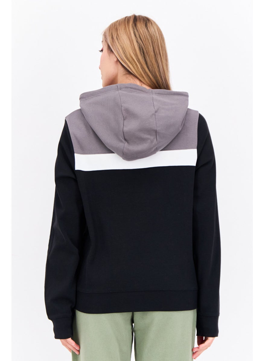 Women Hood With Drawstring Long Sleeve Embroidered Logo Sweatshirts, Black