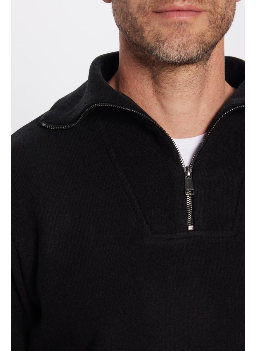 Relax Fit Comfortable Cut Ribbed Patterned Cotton Half Zipper Black Stand Collar Sweatshirt
