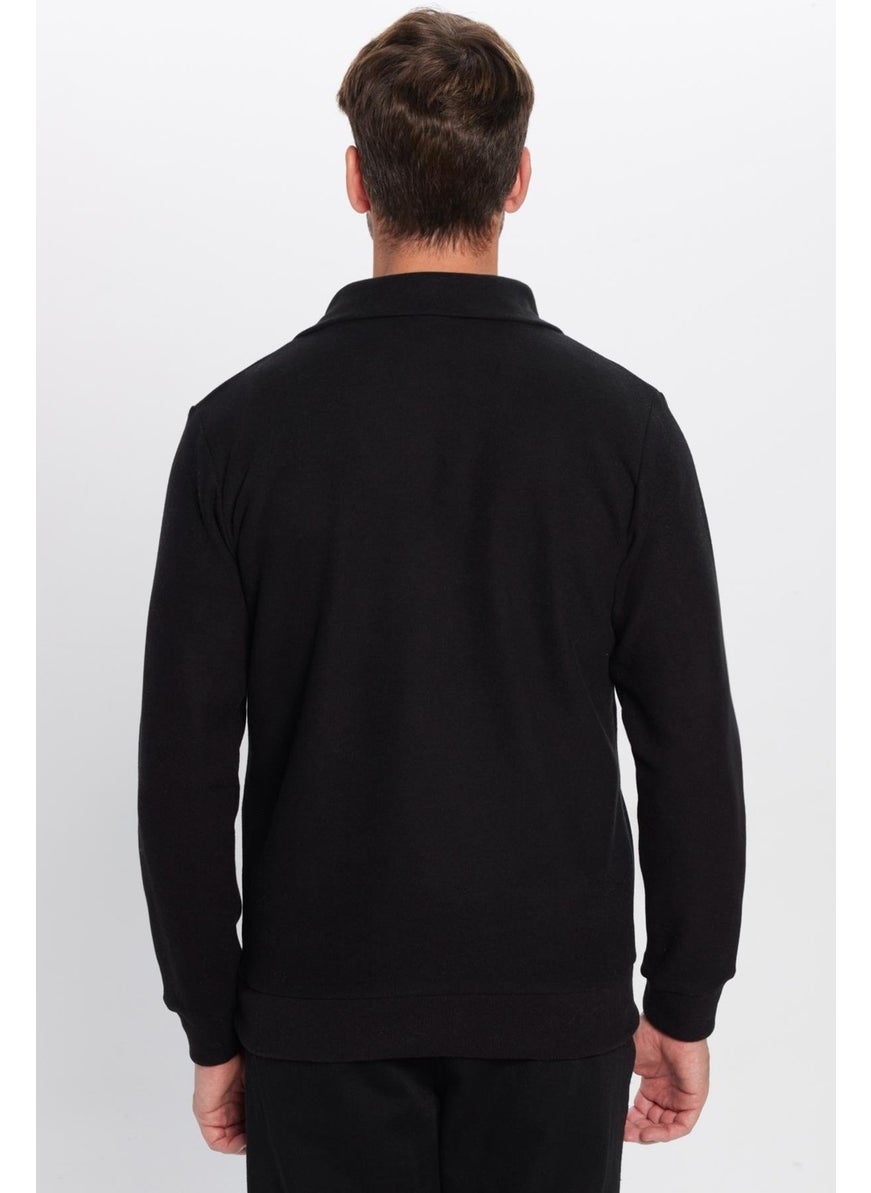 Relax Fit Comfortable Cut Ribbed Patterned Cotton Half Zipper Black Stand Collar Sweatshirt
