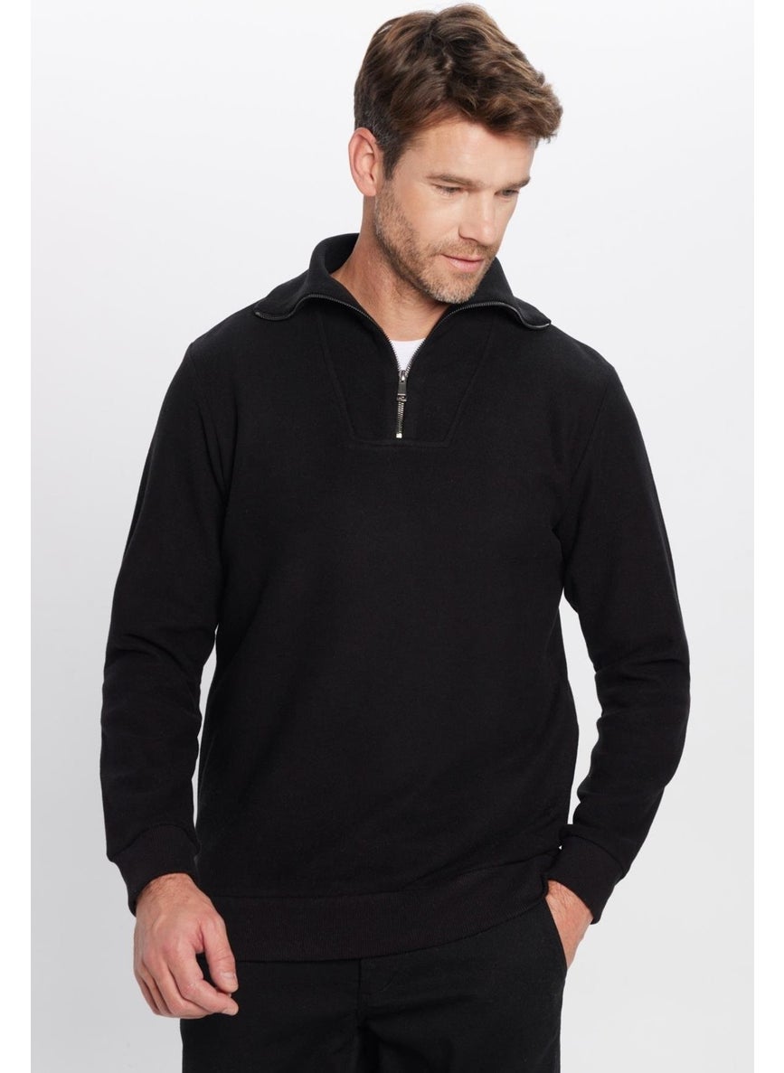 Relax Fit Comfortable Cut Ribbed Patterned Cotton Half Zipper Black Stand Collar Sweatshirt