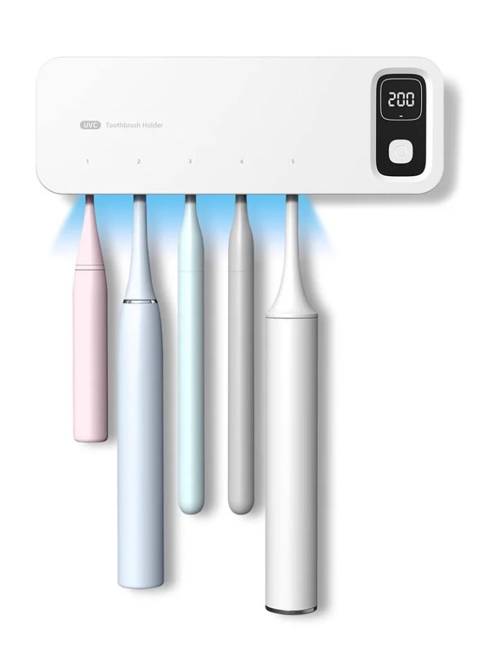 Toothbrush Sanitizer Holder UV Sanitizer Toothbrush Holder Fan Drying 5 Slots Tooth Brush Sterilizer Rechargeable and No Drill Bathroom Toothbrush Holder Wall Mounted for Family Use