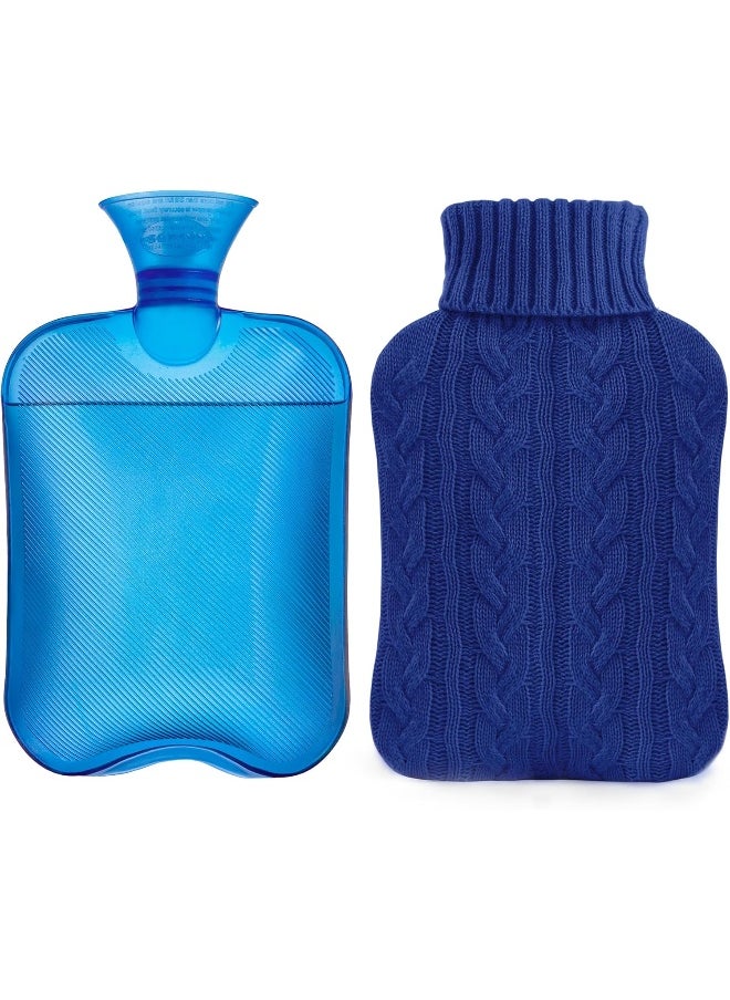 Transparent Hot Water Bottle- 2 Liter Water Bag with Knitted Cover, Navy