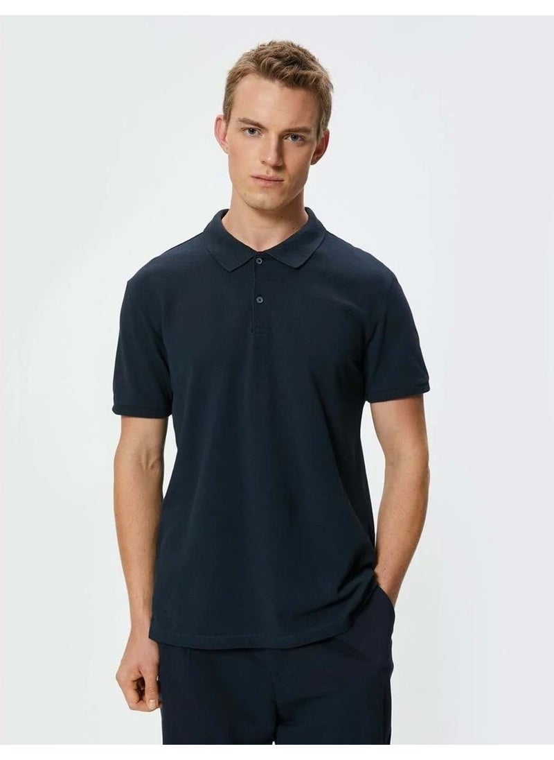 Polo Collar T-Shirt Slim Fit Buttoned Short Sleeve - 4SAM10098MK - - 4SAM10098MK - Navy Blue - M
