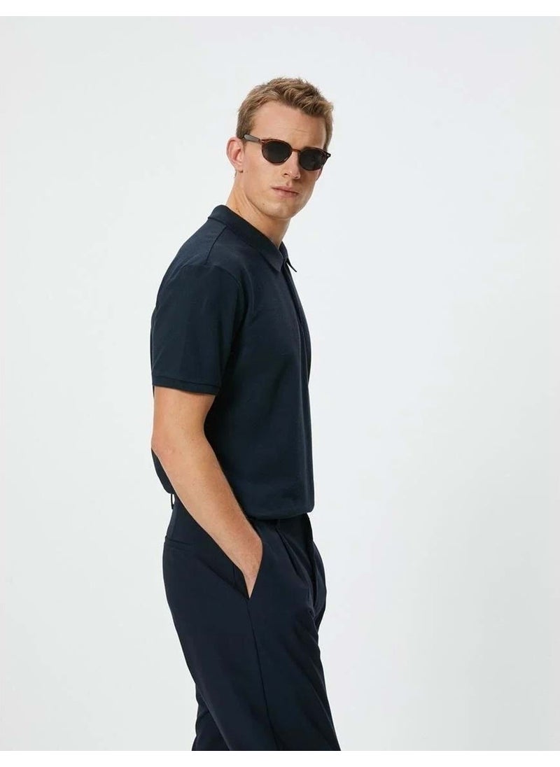Polo Collar T-Shirt Slim Fit Buttoned Short Sleeve - 4SAM10098MK - - 4SAM10098MK - Navy Blue - M