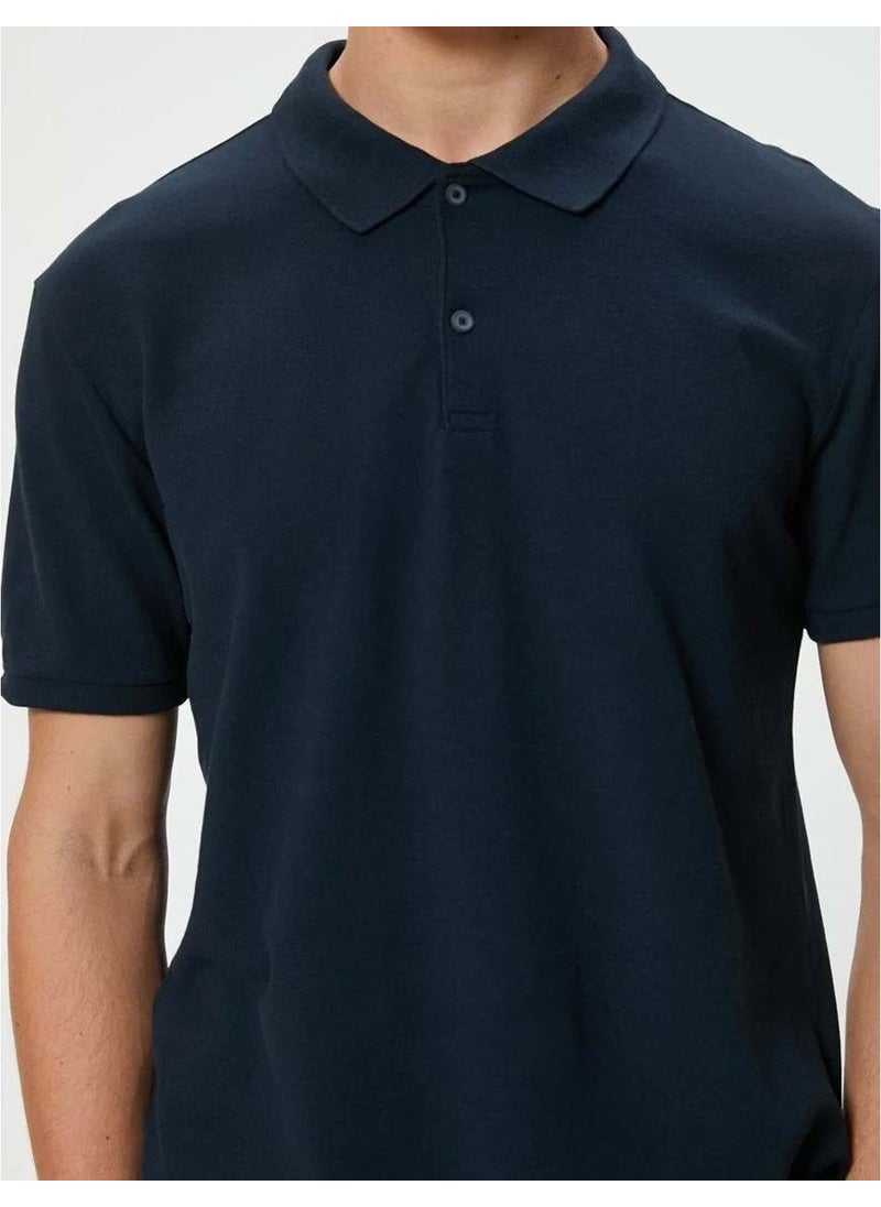 Polo Collar T-Shirt Slim Fit Buttoned Short Sleeve - 4SAM10098MK - - 4SAM10098MK - Navy Blue - M