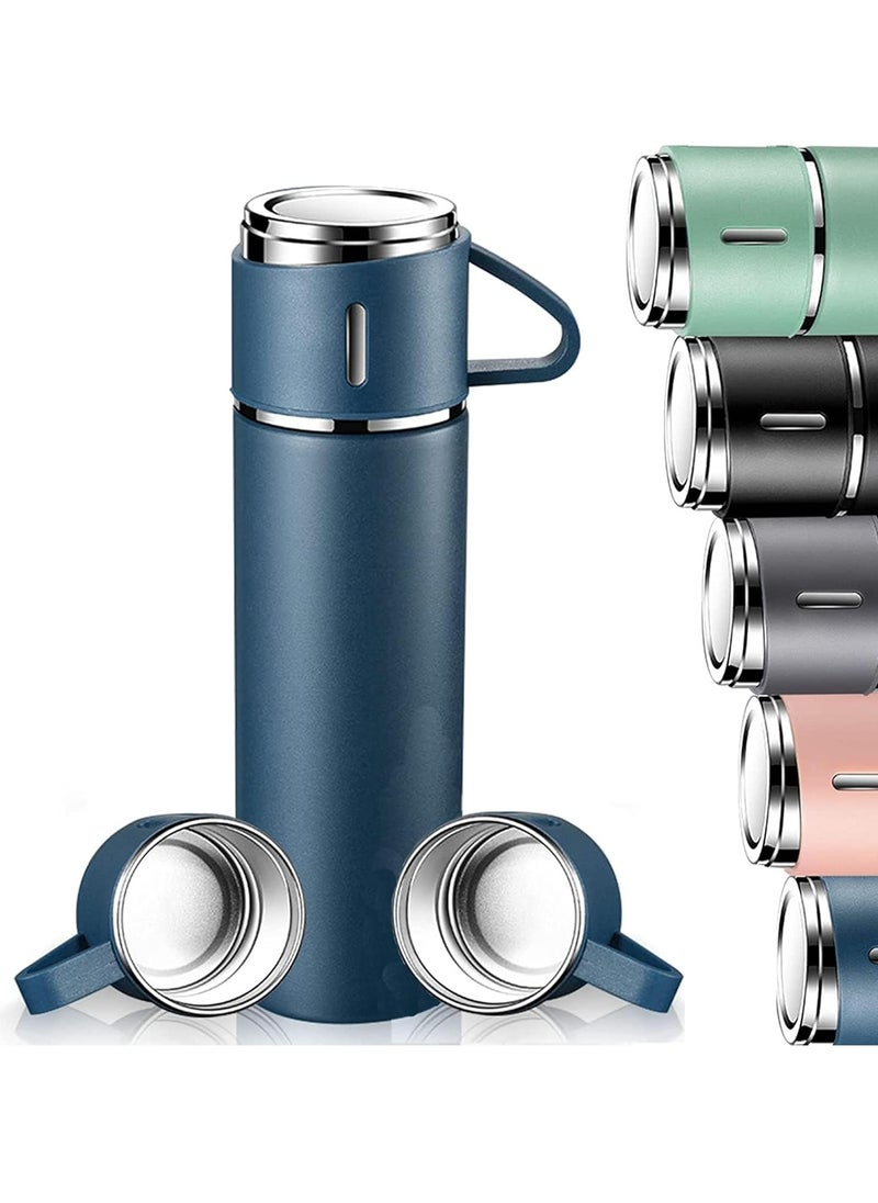 500ml Stainless Steel Vacuum Thermos Flask with Silicone Handle & Insulated Water Bottle – 2 Stainless Steel Cups Set for Hot & Cold Beverages, Outdoor Travel, Gift Box (2 PACK, BLUE)