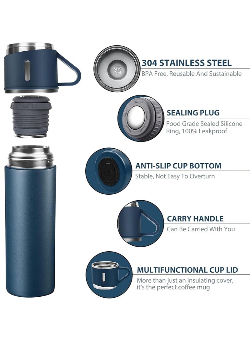 500ml Stainless Steel Vacuum Thermos Flask with Silicone Handle & Insulated Water Bottle – 2 Stainless Steel Cups Set for Hot & Cold Beverages, Outdoor Travel, Gift Box (2 PACK, BLUE)