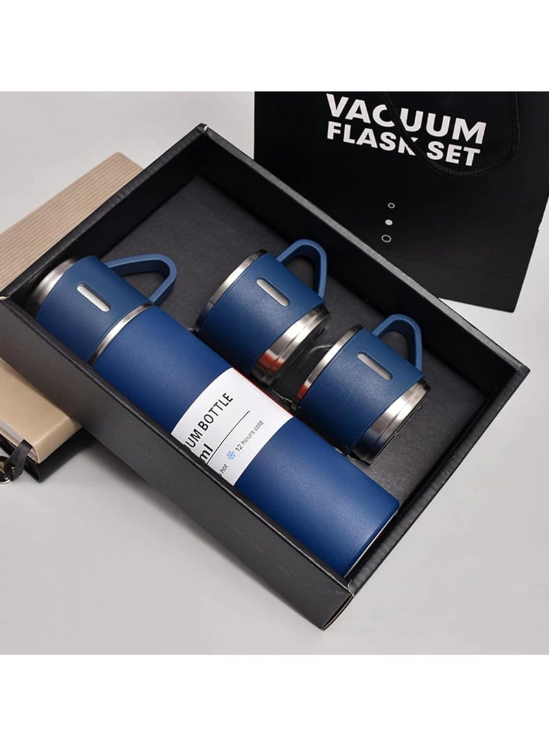 500ml Stainless Steel Vacuum Thermos Flask with Silicone Handle & Insulated Water Bottle – 2 Stainless Steel Cups Set for Hot & Cold Beverages, Outdoor Travel, Gift Box (2 PACK, BLUE)