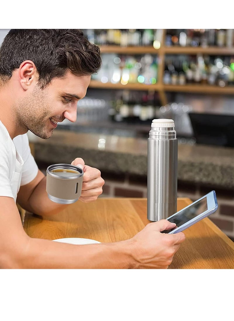 500ml Stainless Steel Vacuum Thermos Flask with Silicone Handle & Insulated Water Bottle – Set of 2 Stainless Steel Cups for Hot & Cold Beverages, Outdoor Travel, Gift Box (2 Pack, Silver Beige)