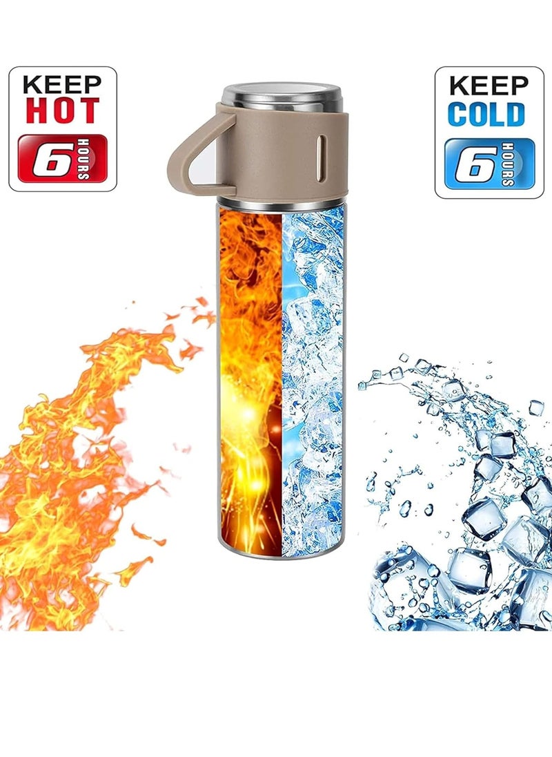 500ml Stainless Steel Vacuum Thermos Flask with Silicone Handle & Insulated Water Bottle – Set of 2 Stainless Steel Cups for Hot & Cold Beverages, Outdoor Travel, Gift Box (2 Pack, Silver Beige)