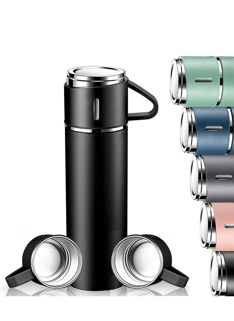 500ml Stainless Steel Vacuum Thermos Flask with Silicone Handle & Insulated Water Bottle – Set of 2 Stainless Steel Cups for Hot & Cold Beverages, Outdoor Travel, Gift Box (2 Pack, Black)