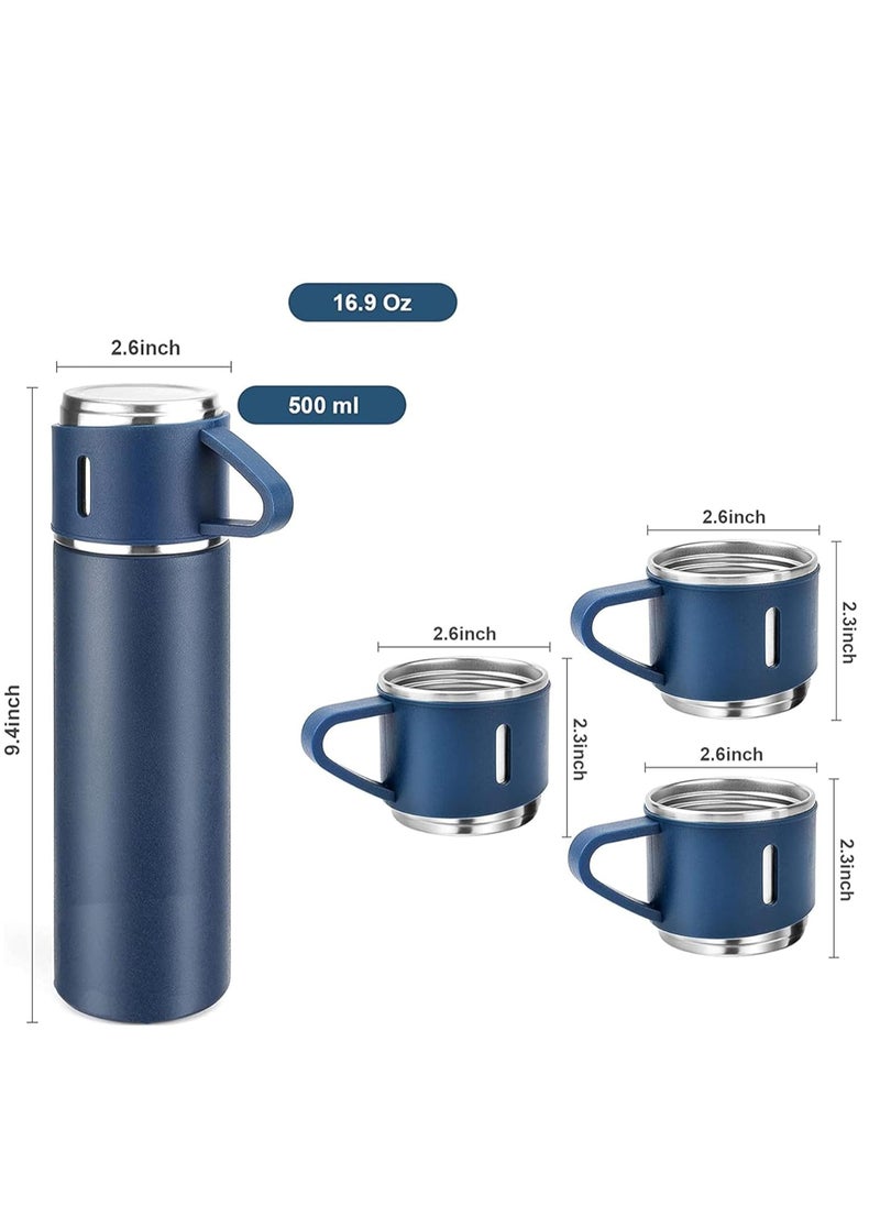 500ml Stainless Steel Vacuum Thermos Flask with Silicone Handle – Insulated Water Bottle with 2 Stainless Steel Cups Set for Hot & Cold Outdoor Travel | Gift Box (2 PACK, BLUE) – Ideal for Hiking, Camping, and Travel