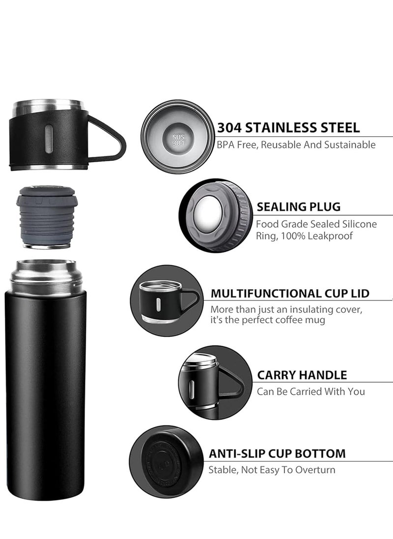 500ml Stainless Steel Vacuum Thermos Flask with Silicone Handle – Insulated Water Bottle with 2 Stainless Steel Cups Set for Hot & Cold Outdoor Travel | Gift Box (2 PACK, BLACK) – Perfect for Hiking, Camping, and Travel