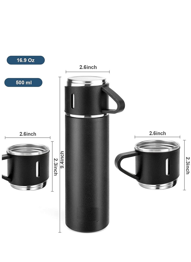 500ml Stainless Steel Vacuum Thermos Flask with Silicone Handle – Insulated Water Bottle with 2 Stainless Steel Cups Set for Hot & Cold Outdoor Travel | Gift Box (2 PACK, BLACK) – Perfect for Hiking, Camping, and Travel