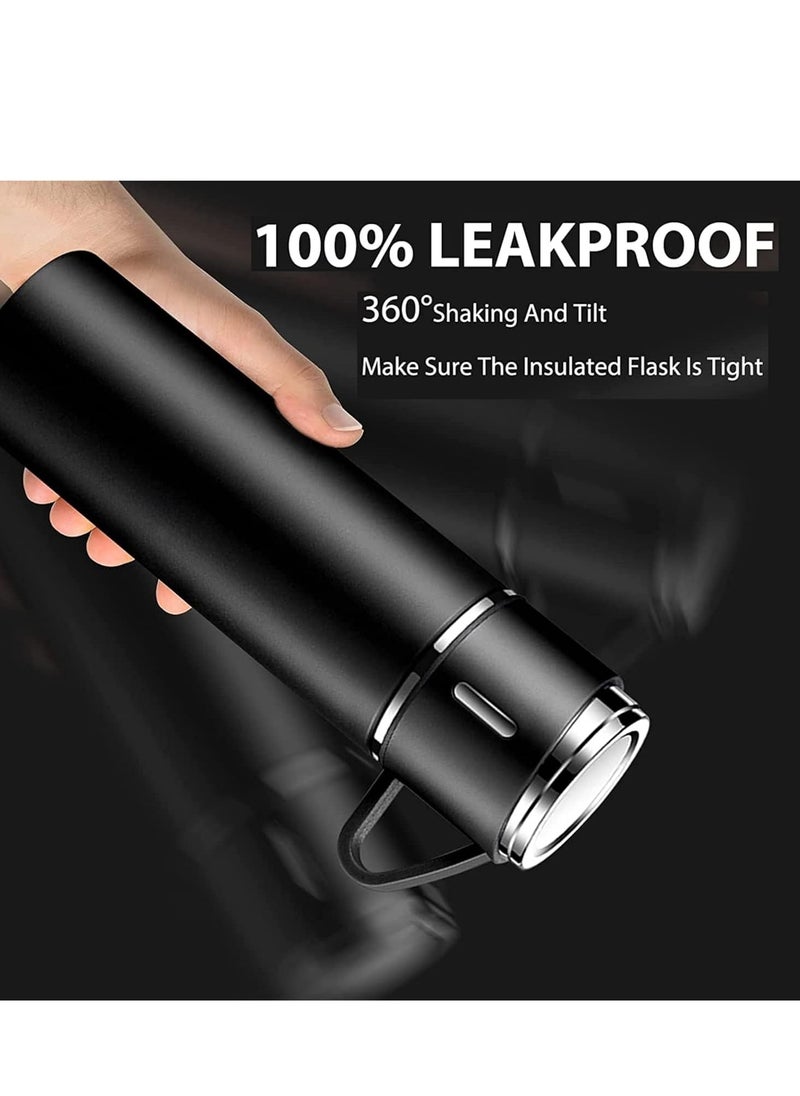 500ml Stainless Steel Vacuum Thermos Flask with Silicone Handle – Insulated Water Bottle with 2 Stainless Steel Cups Set for Hot & Cold Outdoor Travel | Gift Box (2 PACK, BLACK) – Perfect for Hiking, Camping, and Travel