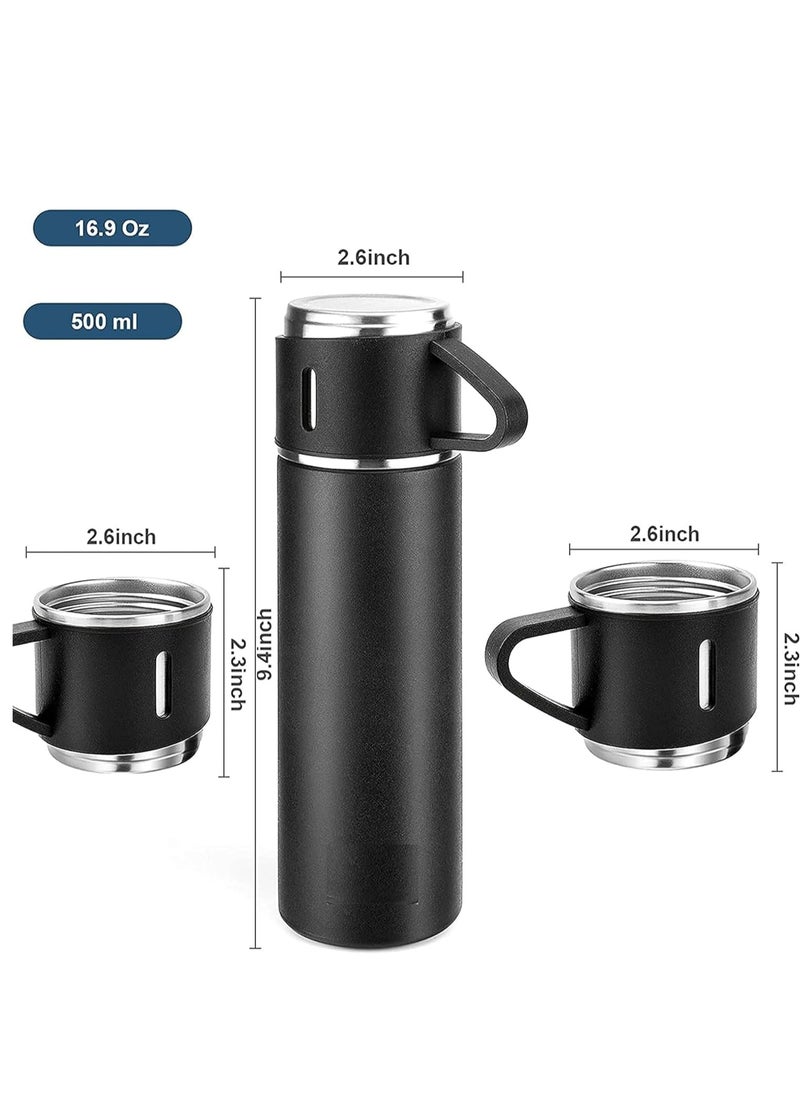 500ml Stainless Steel Vacuum Thermos Flask with Silicone Handle – Insulated Water Bottle with 2 Stainless Steel Cups Set for Hot & Cold Outdoor Travel | Gift Box (2 PACK, BLACK) – Perfect for Hiking, Camping, and Travel