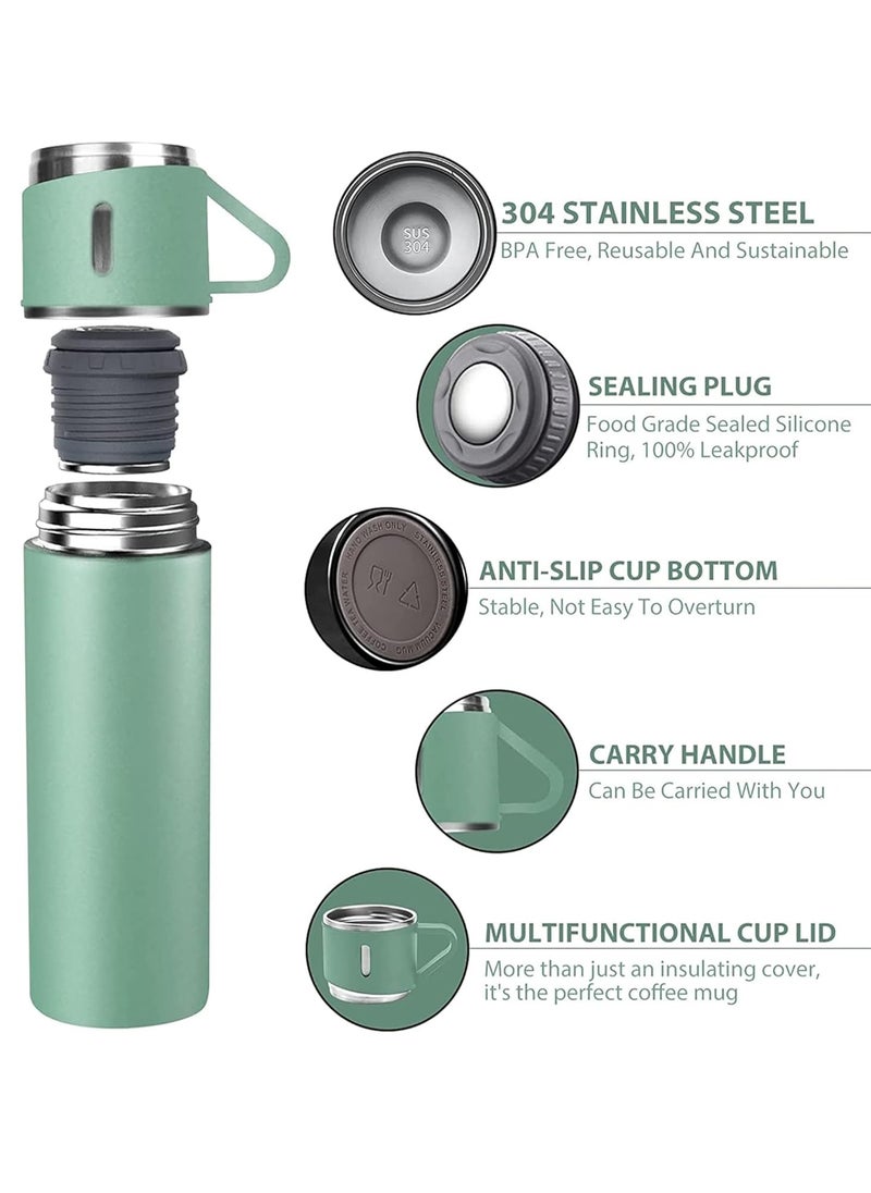 500ml Stainless Steel Vacuum Thermos Flask with Silicone Handle – Insulated Water Bottle with 2 Stainless Steel Cups Set for Hot & Cold Outdoor Travel | Gift Box (2 PACK, GREEN) – Ideal for Hiking, Camping, and Travel