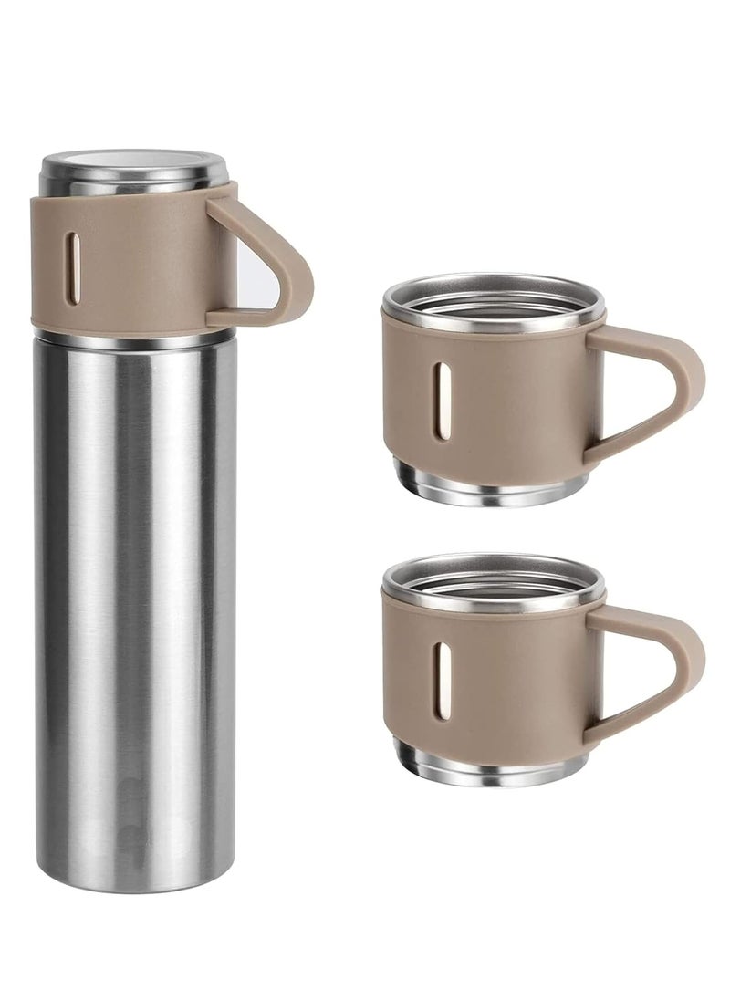 500ml Stainless Steel Vacuum Thermos Flask with Silicone Handle – Insulated Water Bottle with 2 Stainless Steel Cups Set for Hot & Cold Outdoor Travel | Gift Box (2 PACK, SILVER BEIGE) – Ideal for Hiking, Camping, and Travel